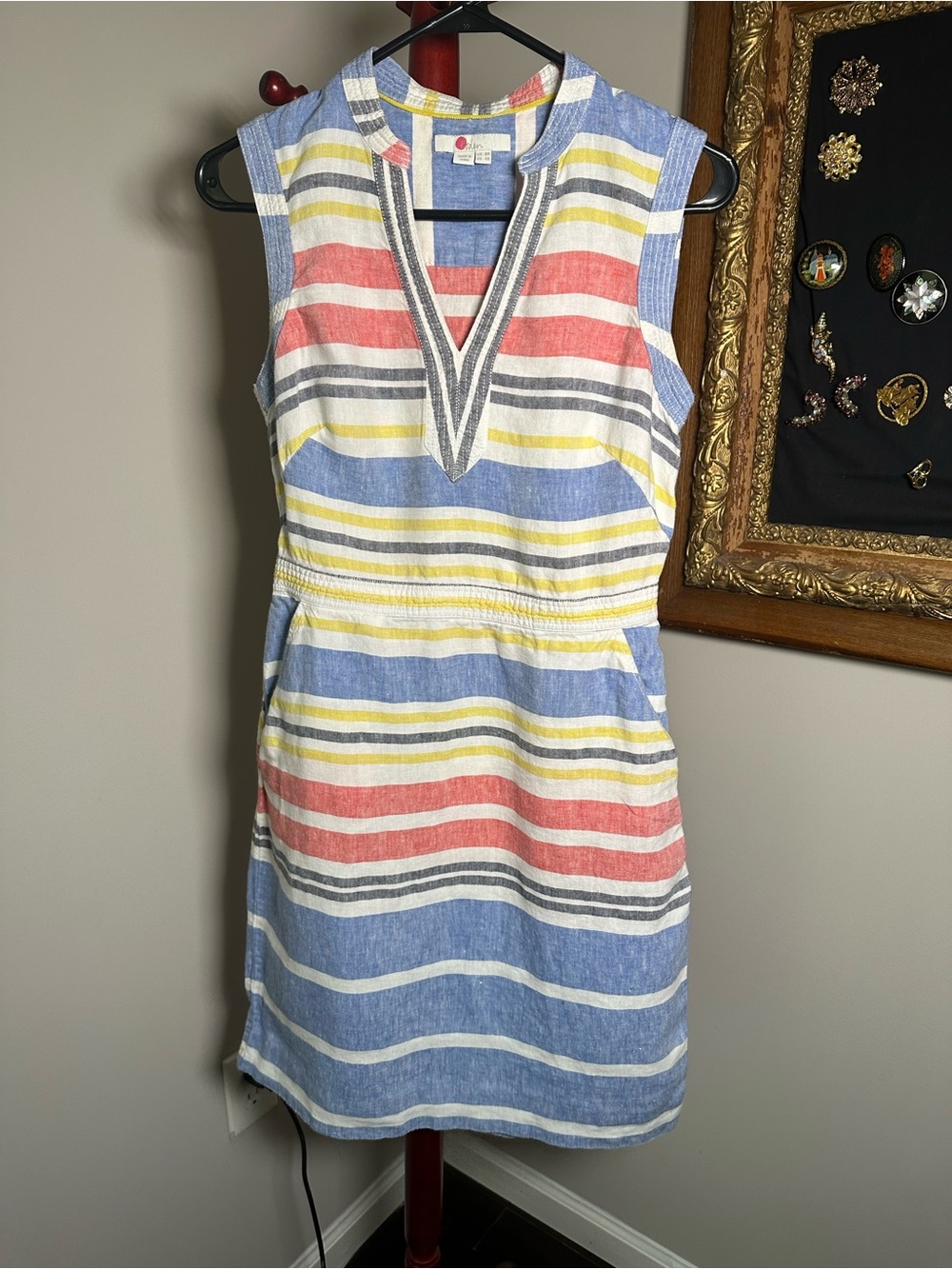 Boden Linen Striped Dress Womens Multi Color Sleeveless Pockets Shift size 4R